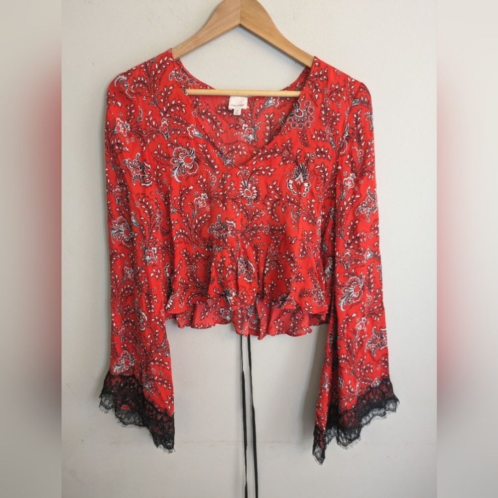 Cinq A Sept Vermillion Jemma Red Paisley Silk Blouse Top Size XS Vamp Whimsigoth